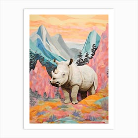 Colourful Patchwork Rhino With Mountain In The Background 2 Art Print