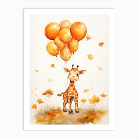 Giraffe Flying With Autumn Fall Pumpkins And Balloons Watercolour Nursery 3 Art Print