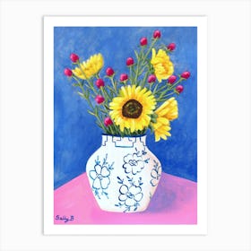 Chinoiserie Sunflower On Pink Table Art Print