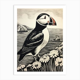 B&W Bird Linocut Puffin 2 Art Print