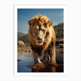 African Lion Drinking From A Stream Realistic 3 Art Print