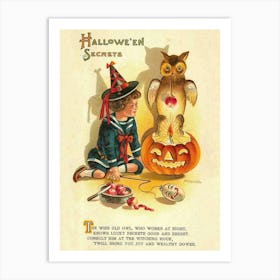 Halloween Secrets, Little Witch With Owl And A Poem Art Print