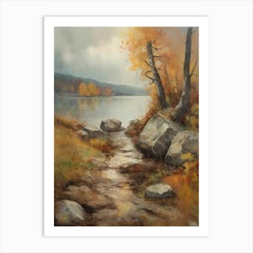 Forest Lake, Autumn Lake, Vintage Oil Painting, Farmhouse Wall Decorations, Antique Landscape, Vintage Landscape Oil Painting.1 2 Art Print