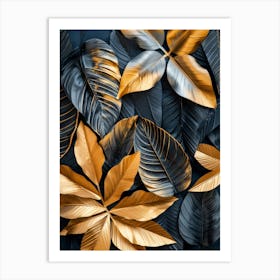 Abstract Gold Leaves On Black Background Art Print