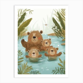 Sloth Bear Family Swimming In A River Storybook Illustration 4 Art Print