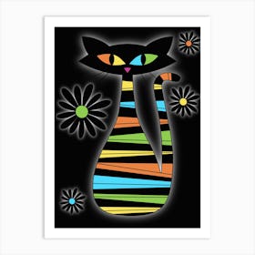 Black Cat With Flowers Art Print