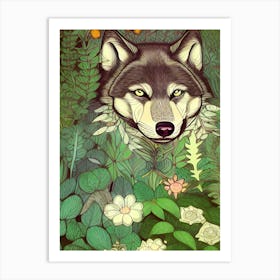 Wolf Flowers Nature Wildflowers Husky Dog Canine Pet Cartoon Art Print