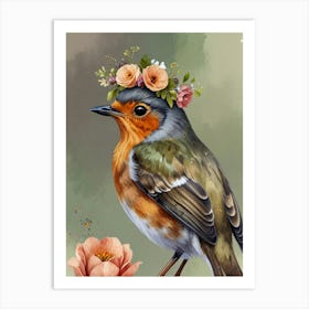 Robin With Flowers Art Print