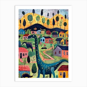 Cute Colourful Dinosaur In A Village 3 Art Print