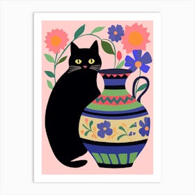 Black Cat With Flowers In A Vase Art Print