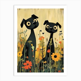 Two Black Dogs In A Field 1 Art Print