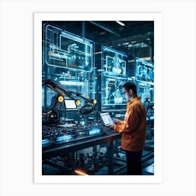 Cyber Industrial Factory With An Ai Manager Overseeing A Network Of Robotic Welding Arms And Automat Art Print