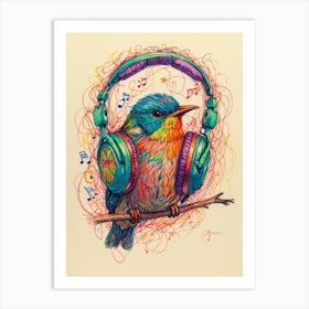 Bird With Headphones Art Print