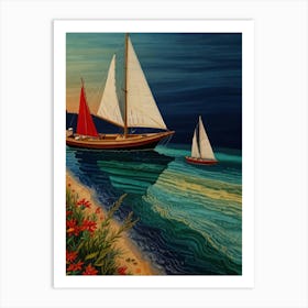 Sailboats On The Beach Art Print