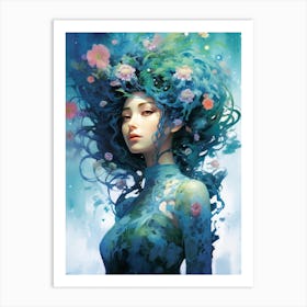 Asian woman with azure hair Art Print