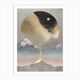 Wabi Sabi Dreams Collection 3 - Japanese Minimalism Abstract Moon Stars Mountains and Trees in Pale Neutral Pastels And Gold Leaf - Soul Scapes Nursery Baby Child or Meditation Room Tranquil Paintings For Serenity and Calm in Your Home Art Print