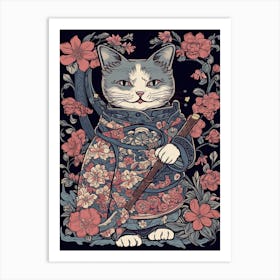 Cute Samurai Cat In The Style Of William Morris 5 Art Print