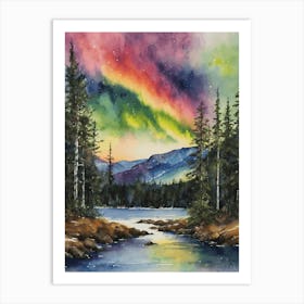 The Northern Lights - Aurora Borealis Rainbow Winter Snow Scene of Lapland Iceland Finland Norway Sweden Forest Lake Watercolor Beautiful Celestial Artwork for Home Gallery Wall Magical Etheral Dreamy Traditional Christmas Greeting Card Painting of Heavenly Fairylights 1 Art Print