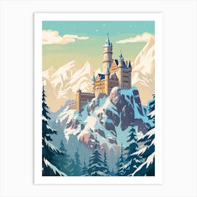Vintage Winter Travel Illustration Schloss Neuschwanstein Germany 5 Art Print