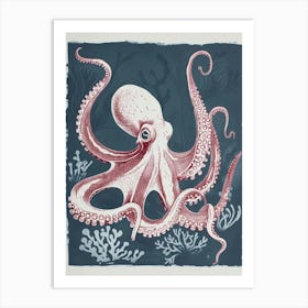 Retro Red Navy Octopus Linocut Style 4 Art Print