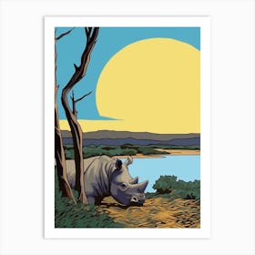 Rhino Relaxing In The Bushes Simple Illustration 5 Art Print