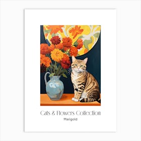 Cats & Flowers Collection Marigold Flower Vase And A Cat, A Painting In The Style Of Matisse 6 Art Print