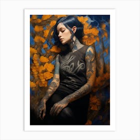 Woman With Golden Tattoos and Flowers #1 Art Print