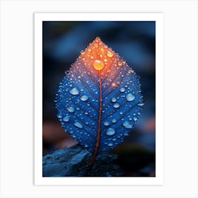 Blue Leaf With Water Droplets 12 Art Print