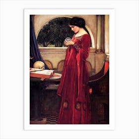 Crystal Ball 1902 by John William Waterhouse in HD "Woman in Red Dress with Crystal Ball and Skull" Art Print