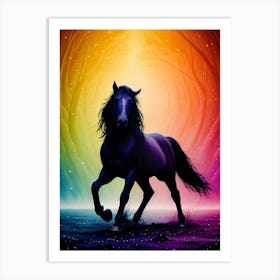 Black Horse In Front of Rainbow Colors Poster