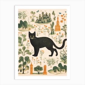 Medieval Style Map Of Black Cat In Garden Art Print