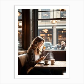 Modern Woman Engrossed In Her Tablet While Seated At A Rustic Wooden Table Inside A Bustling Urban C (1) Art Print