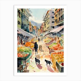 Food Market With Cats In San Francisco 2 Watercolour Art Print