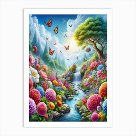 Beautiful Garden With Butterflies Art Print