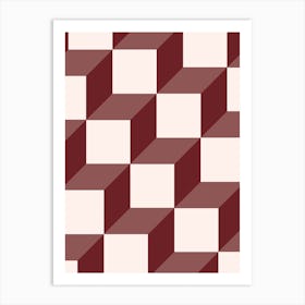 Cube Geometric Pattern in Red Brown Art Print