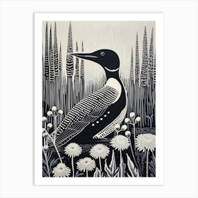 B&W Bird Linocut Common Loon 1 Art Print