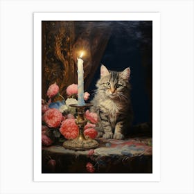 Rococo Style Painting Of A Cat With A Candle 1 Art Print