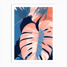 Monstera Leaf, Tropical Leaves, pleasing colors of Peach and Blue, 1295 Art Print