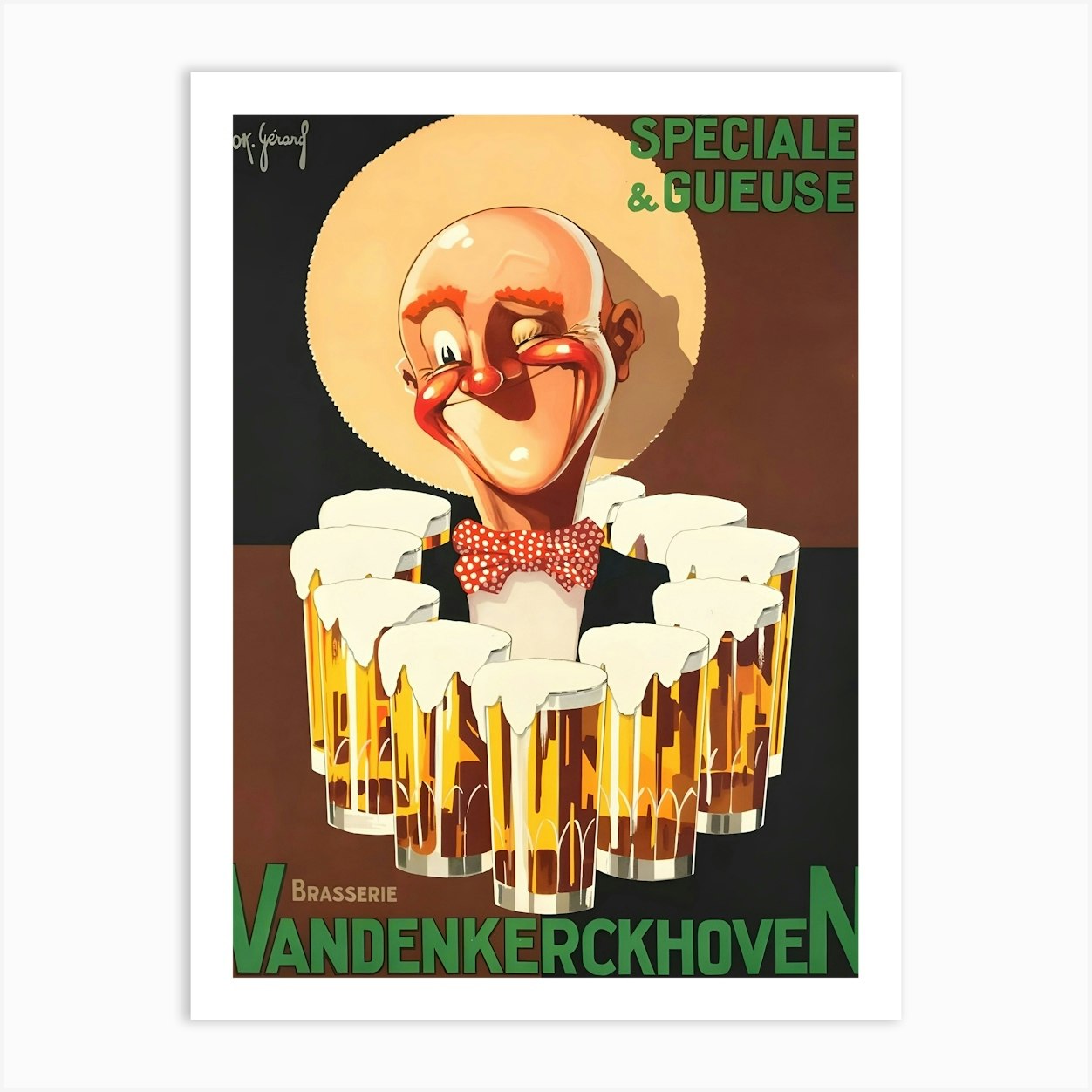 Vandenkerckhoven Smiling Man Winking, Surrounded by Beer Glasses, Vintage Advertisement For German Beer, Great For Pub, Cafe bar, Club, Restaurant Art