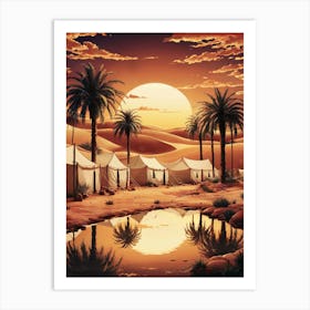 Lofi Anime Art: Desert campsite with palm trees and glowing tents reflected in a sunset-lit pool. Perfect for serene and adventurous vibes. Art Print