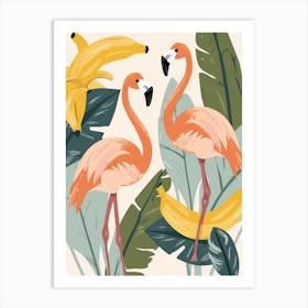 Lesser Flamingo And Banana Plants Minimalist Illustration 3 Art Print