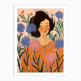 Woman With Autumnal Flowers Cornflower 1 Art Print