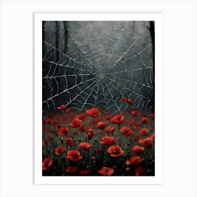 Gothic Art ~ Spiders Web After the Rain in Red Poppy Filled Woods Dark Aesthetic Painting by Sarah Valentine Art Print