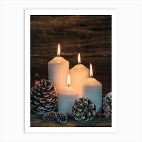 Christmas Candles On A Wooden Table Art Print