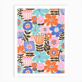 Textured Mod Art Florals Collage - Blue Pink Orange Black Art Print