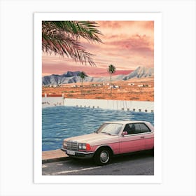 Pink Vintage Car In Front Of The Pool With Palm Trees Art Print
