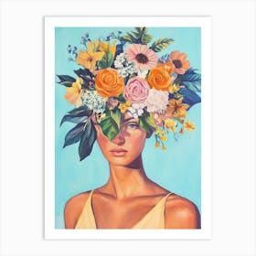 Frau mit Blumenhaar Sophia, Pastel Blumenkranz, bunte Sommer Malerei Art Print