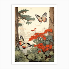 Butterflies In The Woodland Japanese Style Painting 1 Art Print