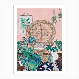 Wicker Peacock Chair With Sleeping Tabby Cat On Pink Art Print