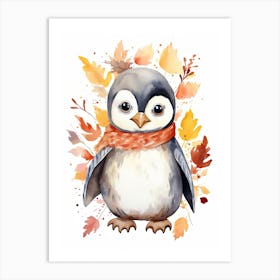 A Penguin Watercolour In Autumn Colours 0 Art Print